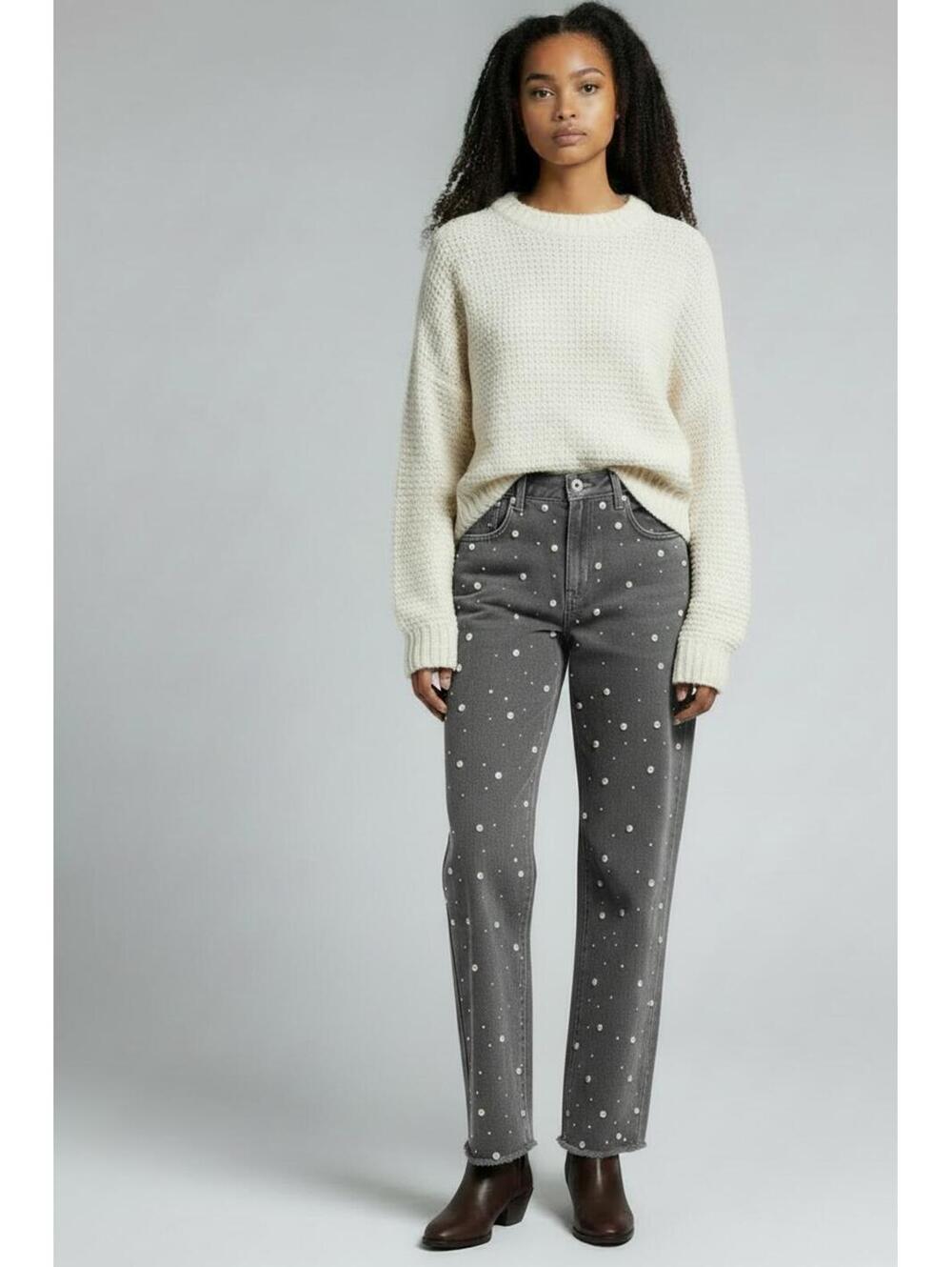 POL Pearl Embellished Wide Leg Jeans Gray Frayed Hem Women's, EUC, Size S